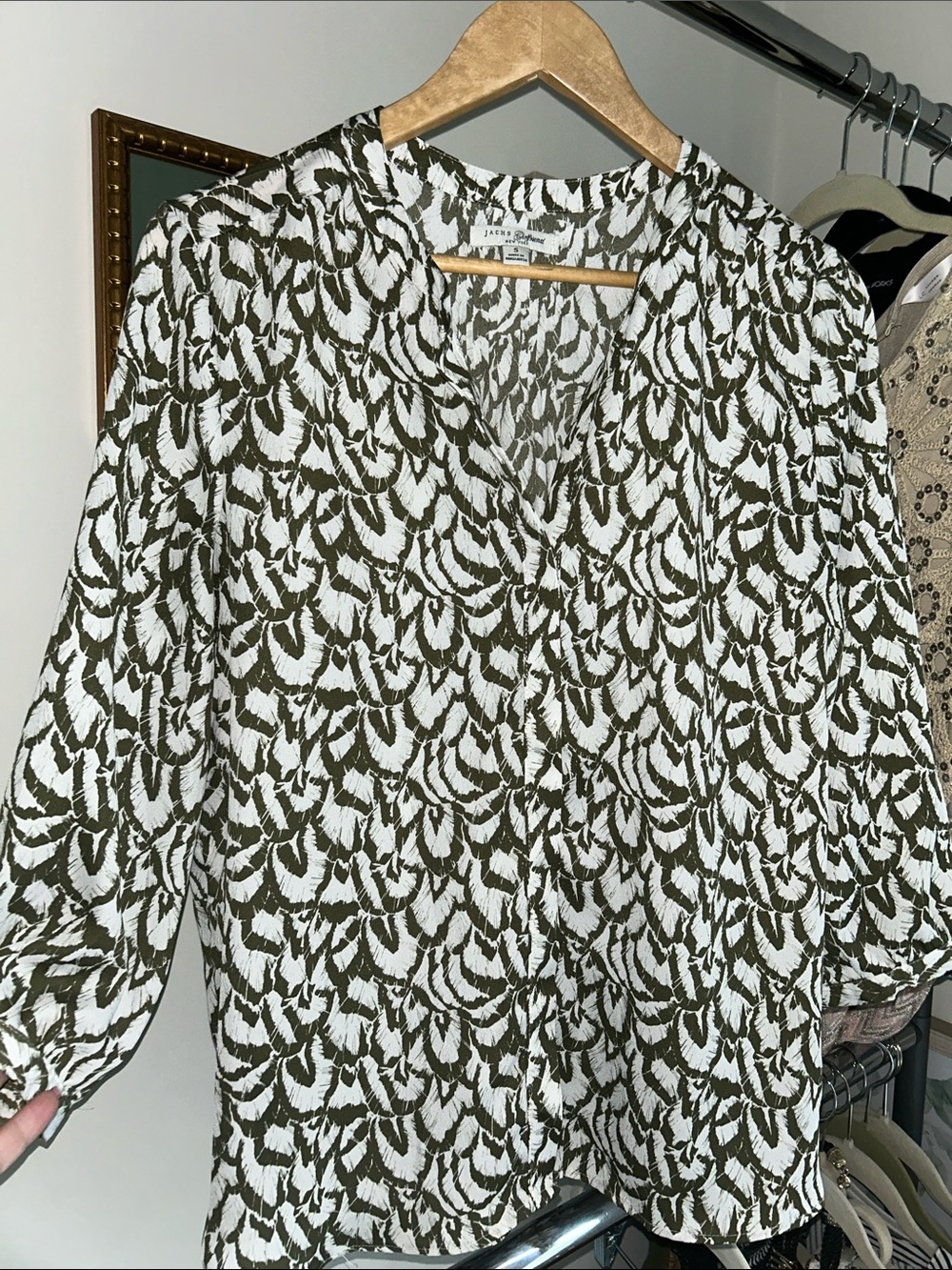 Jachs girlfriend S Leaf Print 3/4 sleeve Blouse Green and White